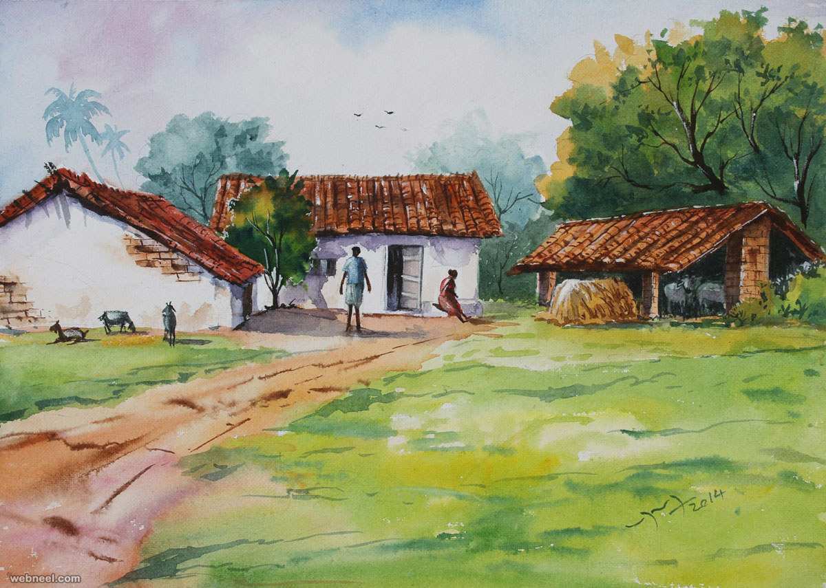 1200x855 Village Painting Beautiful Village Watercolor Paintings By - Watercolor Village