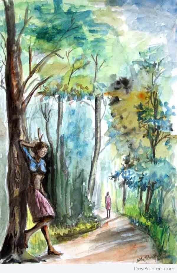 600x927 Watercolor Painting Of Village Girl - Watercolor Village