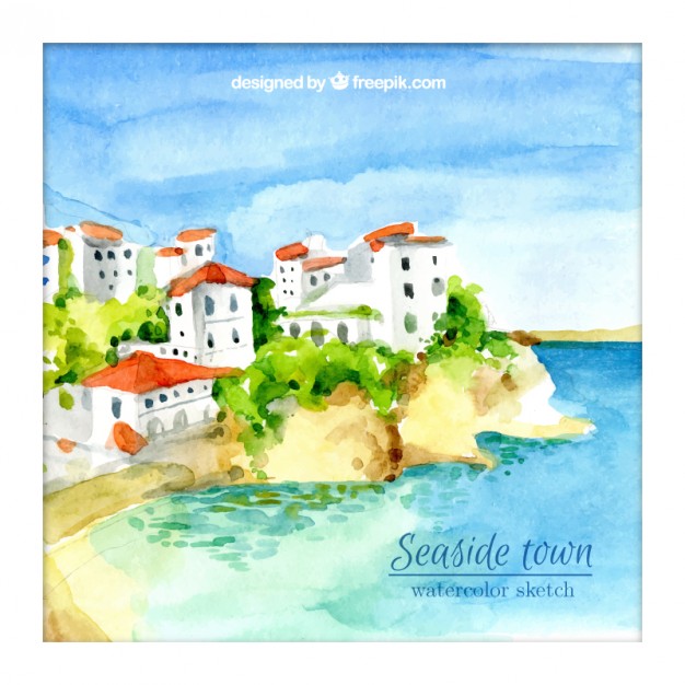 626x626 Background Of Watercolor Beautiful Seaside Village Vector Free - Watercolor Village