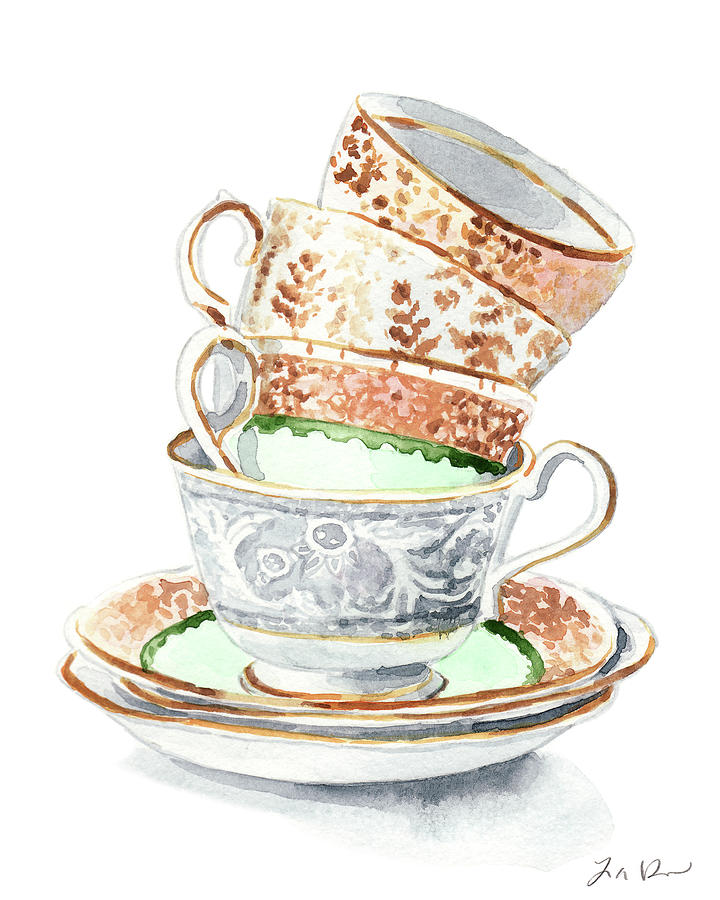 720x900 Teacups Collection Antique Watercolor Painting - Watercolor Vintage