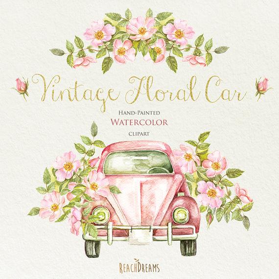 570x570 Watercolor Vintage Floral Car With Rustic Roses. Wedding Etsy - Watercolor Vintage