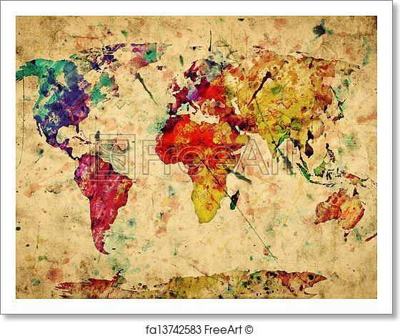 560x470 Free Art Print Of Vintage World Map. Colorful Paint, Watercolor - Watercolor Vintage