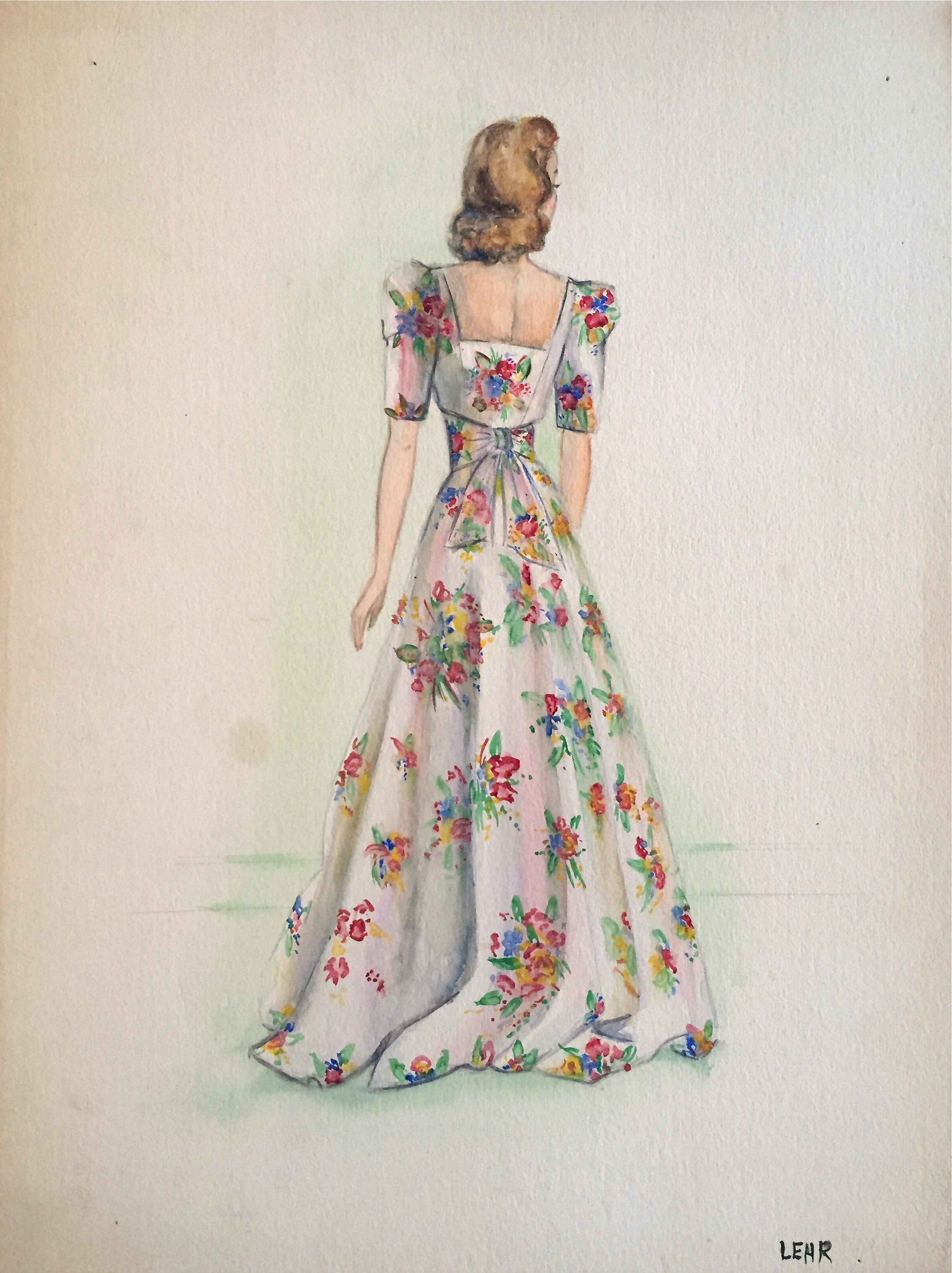 2250x3009 Lovely Vintage Floral Dress Watercolor Drawing. By Lehr Matthew Izzo - Watercolor Vintage