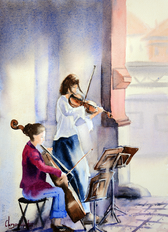 581x800 Violin And Cello Players Painting In Watercolor Chrysovalantou - Watercolor Violin