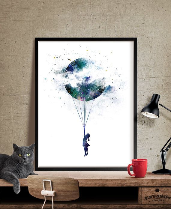 570x697 Moon Art Watercolor Wall Art Landscape Giclee Large Print Large - Watercolor Wall Art