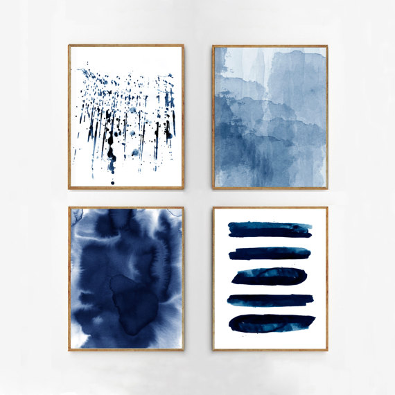 570x570 Abstract Watercolor Set Indigo Blue Wall Art Large Navy Prints - Watercolor Wall Art