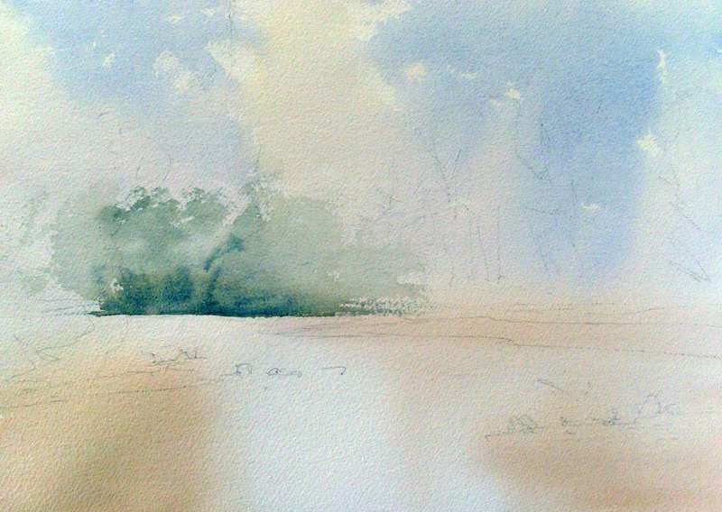 800x568 Watercolor Painting Of Sky, Clouds And River Under Wash - Watercolor Wash Painting