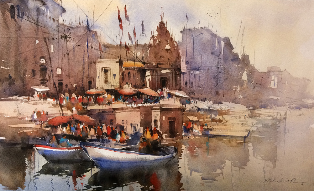 1002x612 Watercolor Art Online Varanasi Ghats Online Art Gallery For - Watercolor Water