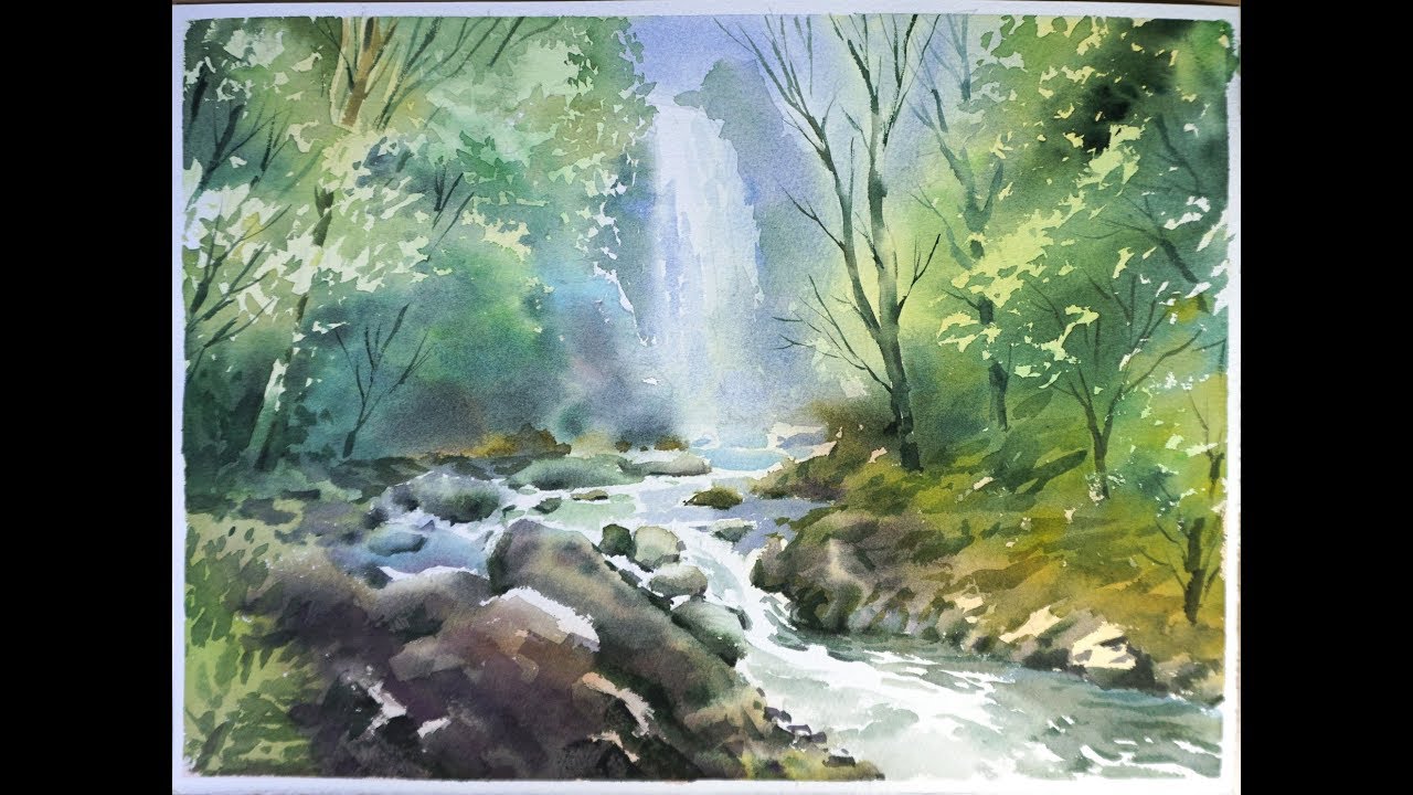 1280x720 Watercolor Landscape Painting Forest Waterfall - Watercolor Waterfall