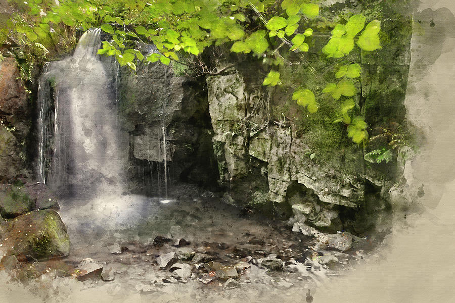 900x600 Watercolor Painting Of Beautiful Waterfall In Forest Landscape L - Watercolor Waterfall