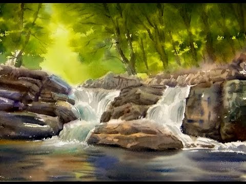 480x360 Watercolor Painting The Forest Waterfall - Watercolor Waterfall