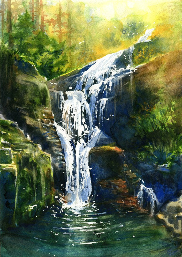 752x1063 Watercolor Paintings Of Waterfalls Watercolor Landscape Painting - Watercolor Waterfall