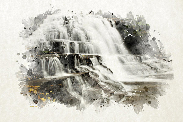 600x400 Watercolor Waterfall Landscape Art Poster By Christina Rollo - Watercolor Waterfall