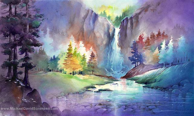 642x384 Waterfall Watercolor Landscape Painting Print By Michael David Etsy - Watercolor Waterfall