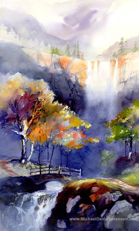 482x800 Waterfall Watercolor Landscape Painting Print By Michael David - Watercolor Waterfall