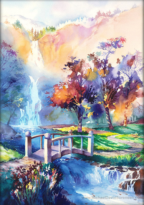 561x800 When Leaves Fall Watercolor Painting Print By Michael David - Watercolor Waterfall