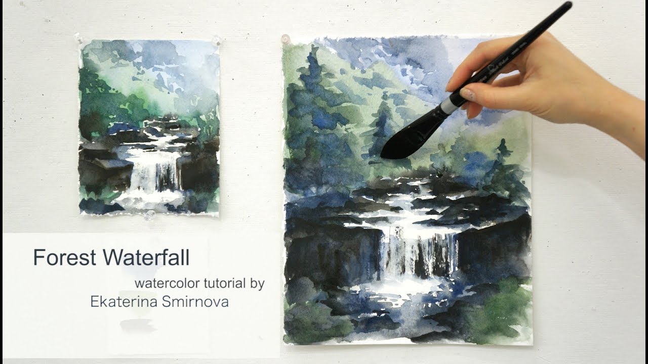 1280x720 Forest Waterfall. Advance Watercolor Tutorial - Watercolor Waterfall