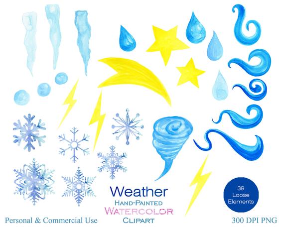 570x456 Watercolor Weather Clipart For Commercial Use Cute Weather Etsy - Watercolor Weather