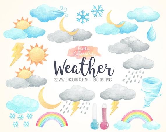 570x453 Buy 2 Get 1 Free Watercolor Weather Clip Art Sun Moon Clouds Etsy - Watercolor Weather