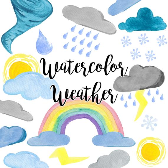 570x570 Watercolor Weather Clip Art Bright Sky Clip Art Thunder And Etsy - Watercolor Weather