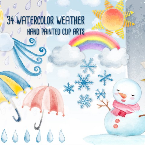 480x480 Watercolor Weather Clip Art Bundle By J Square Presents - Watercolor Weather