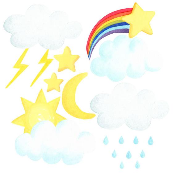 570x570 Watercolor Weather Set Clip Art Cloud Rain Rainbow Sun Etsy - Watercolor Weather