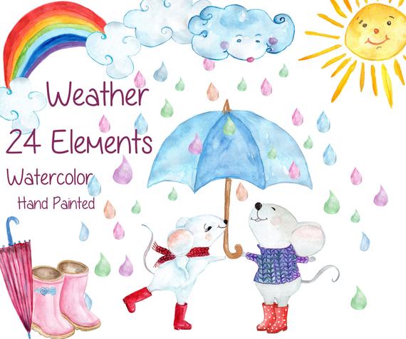 570x475 Watercolor Weather Clipart Weather Clip Art Mouse Etsy - Watercolor Weather