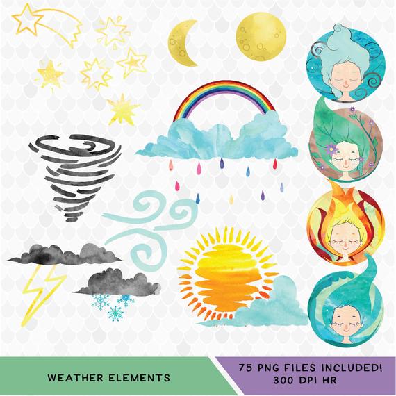 570x570 Weather Clip Art Watercolor Weather Weather Elements Etsy - Watercolor Weather