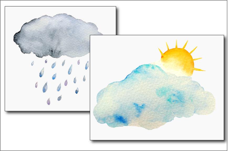 876x578 Weather Clipart, Watercolor Sun, Moon, Rain Drops, Cloud - Watercolor Weather