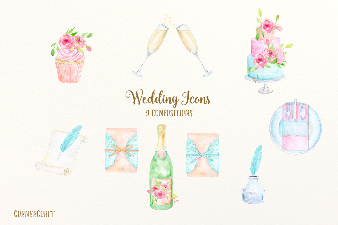 1157x770 Watercolor Clipart Wedding Icons By Cornercroft - Watercolor Wedding