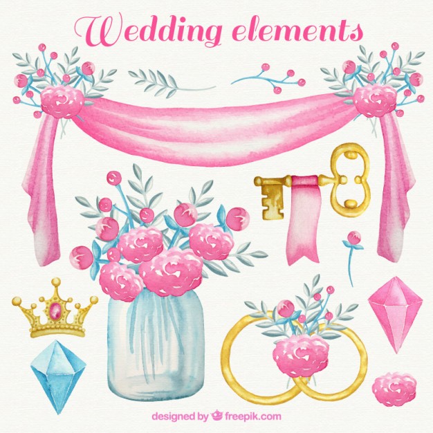 626x626 Watercolor Wedding Elements In Pink Tones Vector Free Download - Watercolor Wedding