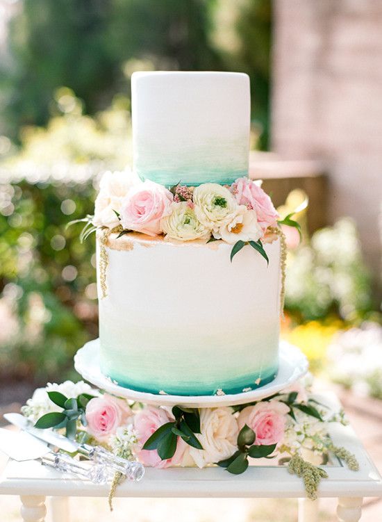 550x751 Teal And Gold Watercolor Wedding Cake Deer Pearl Flowers - Watercolor Wedding Cake