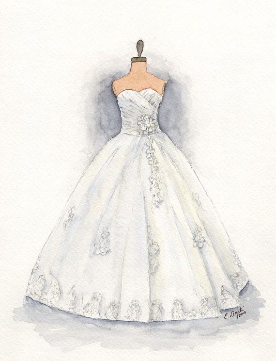 570x744 Custom Wedding Dress Painting, Dress Art, Dress Drawing, Holiday - Watercolor Wedding Dress
