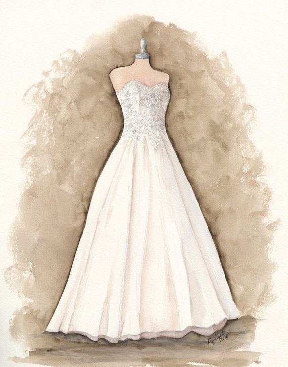 570x725 Custom Wedding Dress Painting, Dress Art, Dress Drawing, Holiday - Watercolor Wedding Dress Painting