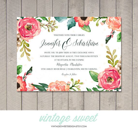 570x542 Watercolor Wedding Invitation (Printable) Diy By Vintage Sweet - Watercolor Wedding Invitation Templates