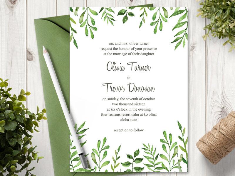 800x600 Watercolor Wedding Invitation Template Lovely Leaves, Green. Diy - Watercolor Wedding Invitation Templates
