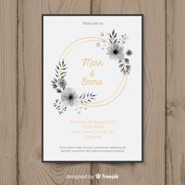 626x626 Watercolor Wedding Invitation Template With Golden Lines Vector - Watercolor Wedding Invitation Templates