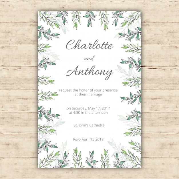 626x626 Watercolor Wedding Invitation Template With Green Leaves Vector - Watercolor Wedding Invitation Templates