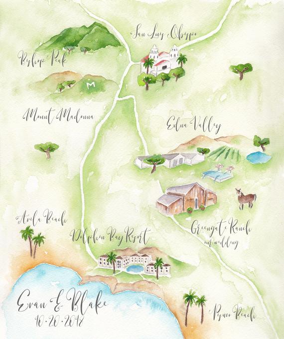 570x679 Custom Wedding Map Watercolor Wedding Map California Wedding - Watercolor Wedding Map