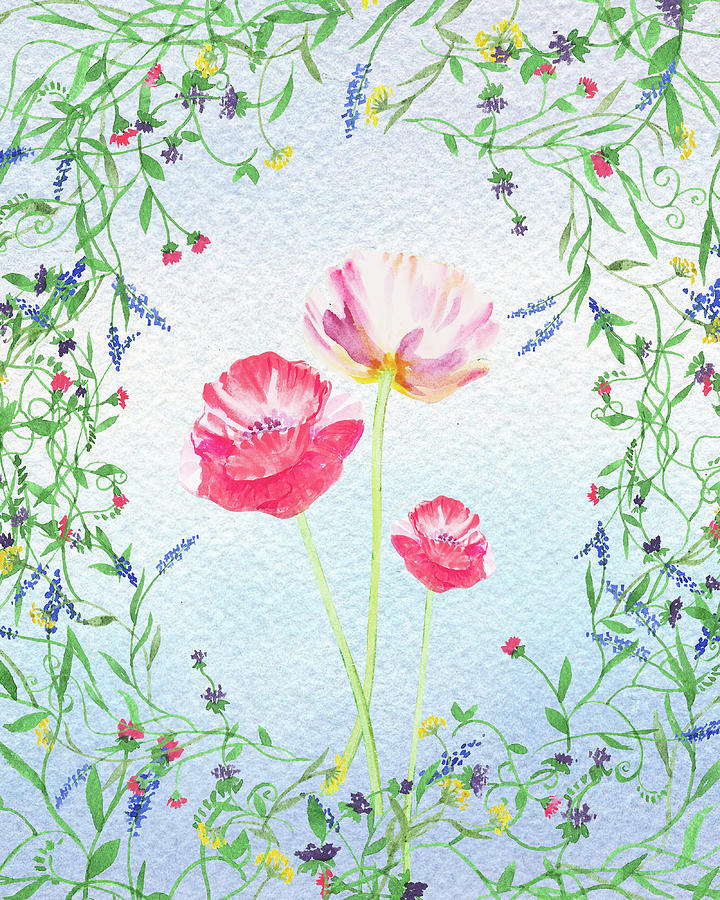 720x900 Watercolor Wildflowers And Pink Poppies Painting By Irina Sztukowski - Watercolor Wildflowers
