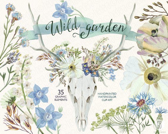 570x456 Watercolor Wildflowers Floral Deer Skull Antlers Tribal Etsy - Watercolor Wildflowers