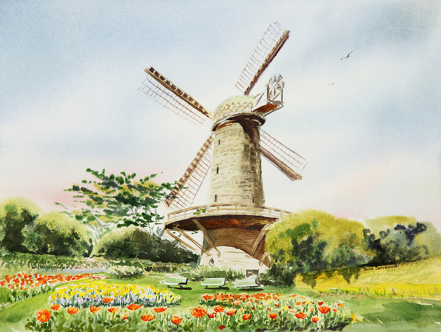 900x677 Dutch Windmill In San Francisco Painting By Irina Sztukowski - Watercolor Windmill