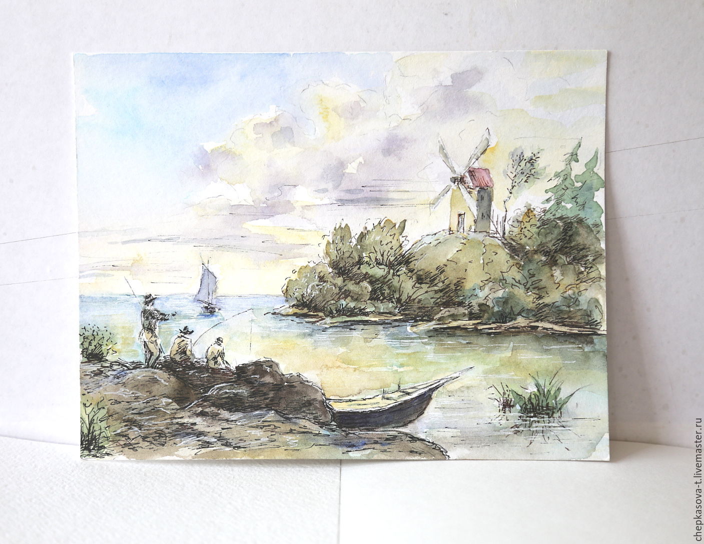 1407x1088 Landscape With A Windmill. Watercolor, Gel Pen Shop Online On - Watercolor Windmill