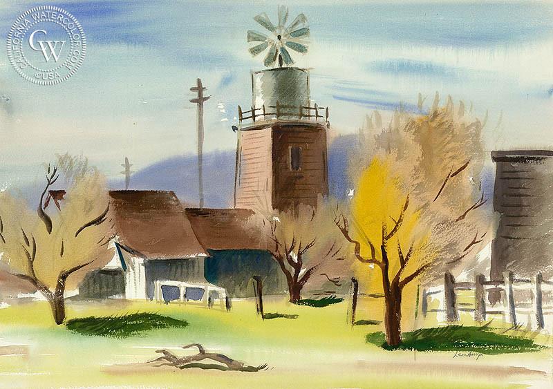 800x563 Tank House And Windmill, 1939, California Watercolor Art By Leon - Watercolor Windmill