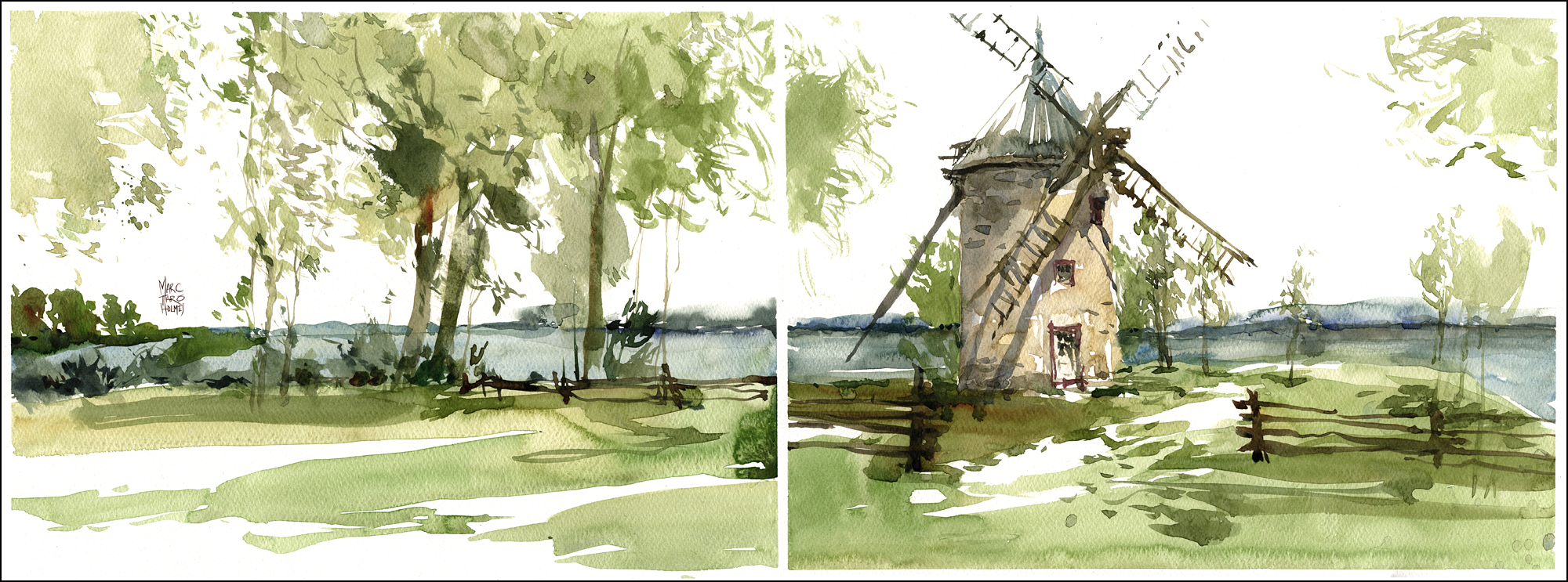 2000x743 Tilting - Watercolor Windmill