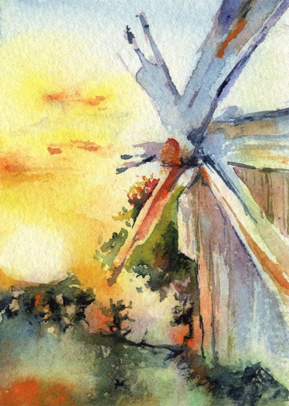 570x799 Windmill Watercolor Painting Print Print Of Watercolour Mill Etsy - Watercolor Windmill