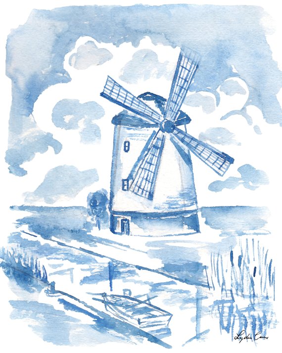 570x713 Blue Windmill Art Print Watercolor Windmill Blue Etsy - Watercolor Windmill