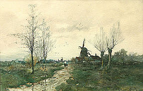 285x182 Charles Paul Gruppe Windmill Watercolor Painting (Item - Watercolor Windmill
