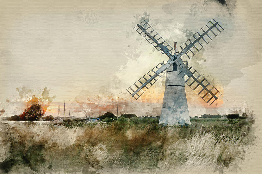 900x600 Digital Watercolour Painting Of Stunning Landscape Of Windmill A - Watercolor Windmill