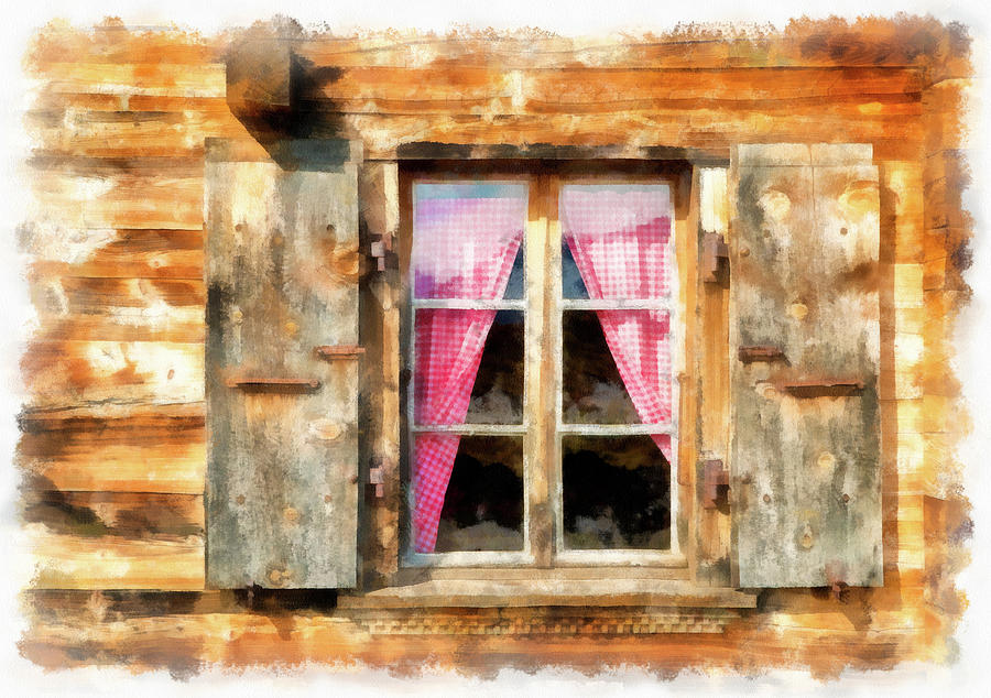 900x634 Wooden Window Of A Chalet In Switzerland Watercolor Painting - Watercolor Window